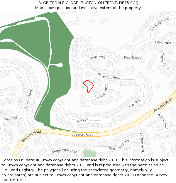 3, GRIZEDALE CLOSE, BURTON-ON-TRENT, DE15 9GQ: Location map and indicative extent of plot