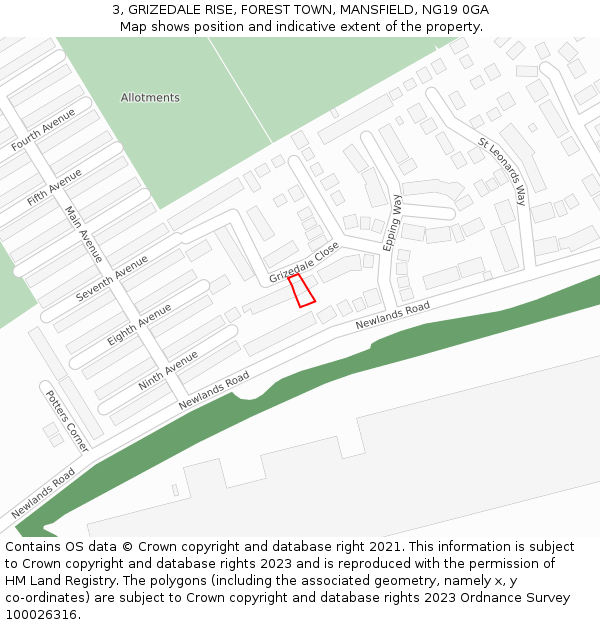 3, GRIZEDALE RISE, FOREST TOWN, MANSFIELD, NG19 0GA: Location map and indicative extent of plot