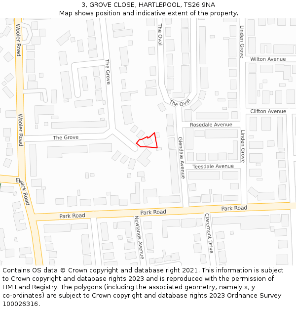 3, GROVE CLOSE, HARTLEPOOL, TS26 9NA: Location map and indicative extent of plot