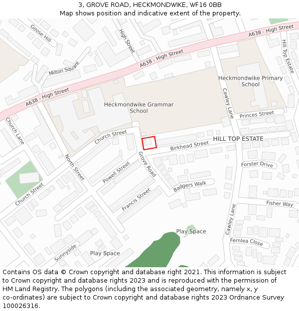 3, GROVE ROAD, HECKMONDWIKE, WF16 0BB: Location map and indicative extent of plot