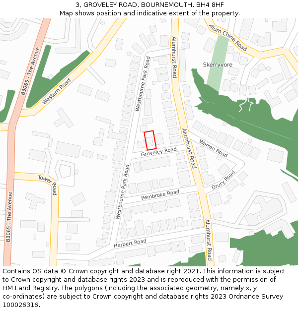 3, GROVELEY ROAD, BOURNEMOUTH, BH4 8HF: Location map and indicative extent of plot