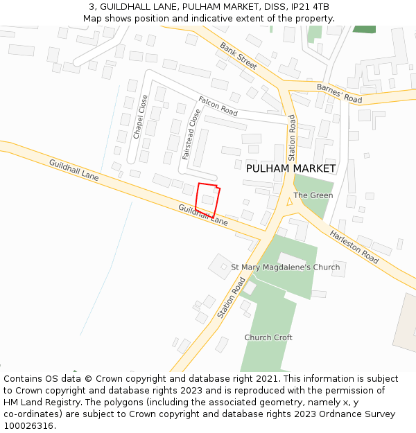 3, GUILDHALL LANE, PULHAM MARKET, DISS, IP21 4TB: Location map and indicative extent of plot