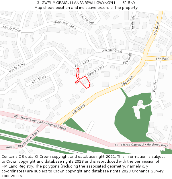 3, GWEL Y GRAIG, LLANFAIRPWLLGWYNGYLL, LL61 5NY: Location map and indicative extent of plot