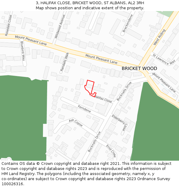 3, HALIFAX CLOSE, BRICKET WOOD, ST ALBANS, AL2 3RH: Location map and indicative extent of plot