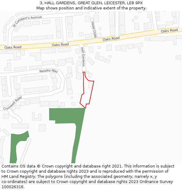 3, HALL GARDENS, GREAT GLEN, LEICESTER, LE8 9PX: Location map and indicative extent of plot