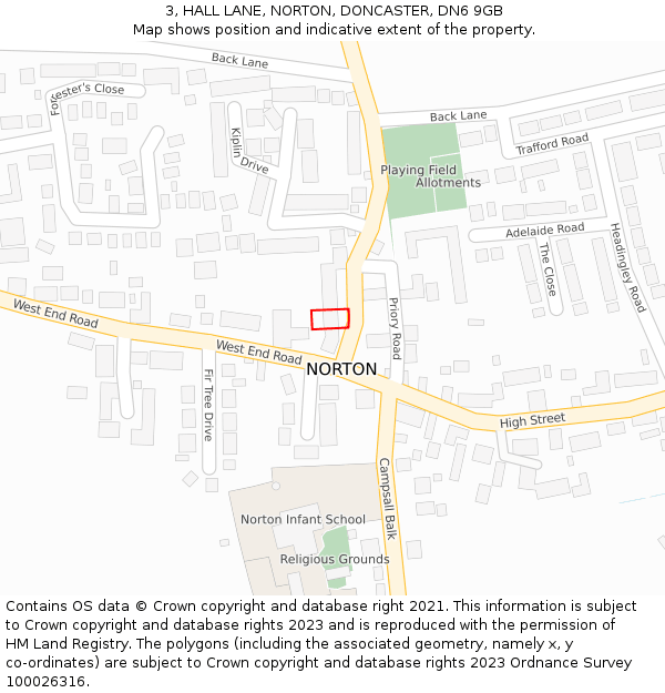 3, HALL LANE, NORTON, DONCASTER, DN6 9GB: Location map and indicative extent of plot