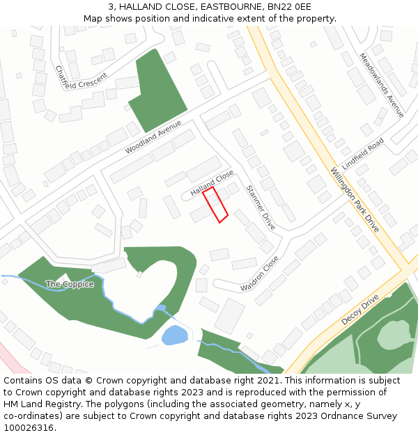 3, HALLAND CLOSE, EASTBOURNE, BN22 0EE: Location map and indicative extent of plot
