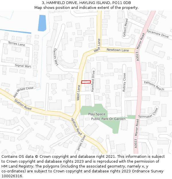 3, HAMFIELD DRIVE, HAYLING ISLAND, PO11 0DB: Location map and indicative extent of plot