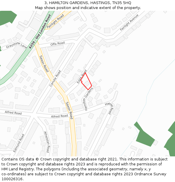 3, HAMILTON GARDENS, HASTINGS, TN35 5HQ: Location map and indicative extent of plot