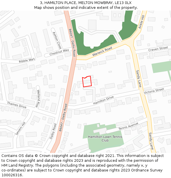 3, HAMILTON PLACE, MELTON MOWBRAY, LE13 0LX: Location map and indicative extent of plot