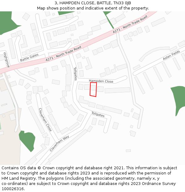 3, HAMPDEN CLOSE, BATTLE, TN33 0JB: Location map and indicative extent of plot