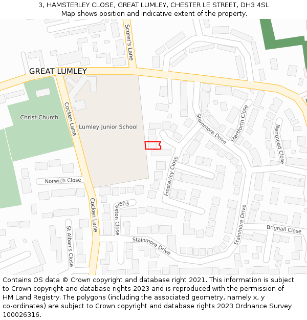 3, HAMSTERLEY CLOSE, GREAT LUMLEY, CHESTER LE STREET, DH3 4SL: Location map and indicative extent of plot