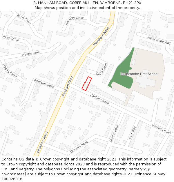 3, HANHAM ROAD, CORFE MULLEN, WIMBORNE, BH21 3PX: Location map and indicative extent of plot