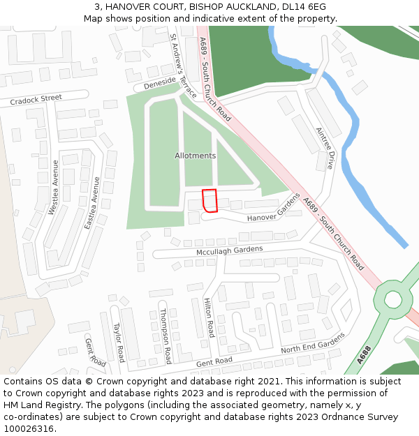 3, HANOVER COURT, BISHOP AUCKLAND, DL14 6EG: Location map and indicative extent of plot
