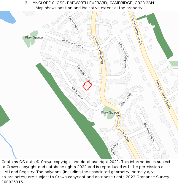 3, HANSLOPE CLOSE, PAPWORTH EVERARD, CAMBRIDGE, CB23 3AN: Location map and indicative extent of plot