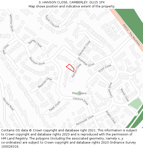 3, HANSON CLOSE, CAMBERLEY, GU15 1PX: Location map and indicative extent of plot