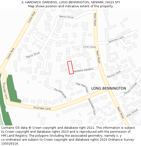 3, HARDWICK GARDENS, LONG BENNINGTON, NEWARK, NG23 5FY: Location map and indicative extent of plot