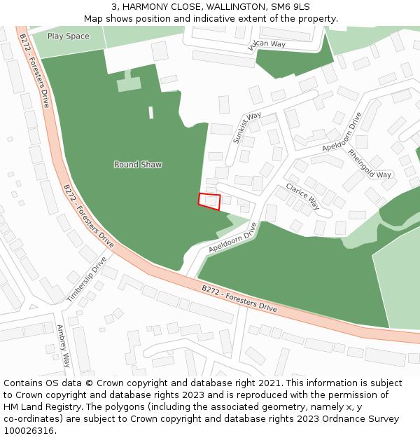 3, HARMONY CLOSE, WALLINGTON, SM6 9LS: Location map and indicative extent of plot