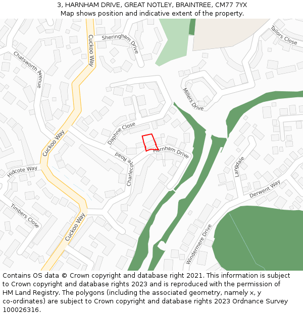 3, HARNHAM DRIVE, GREAT NOTLEY, BRAINTREE, CM77 7YX: Location map and indicative extent of plot