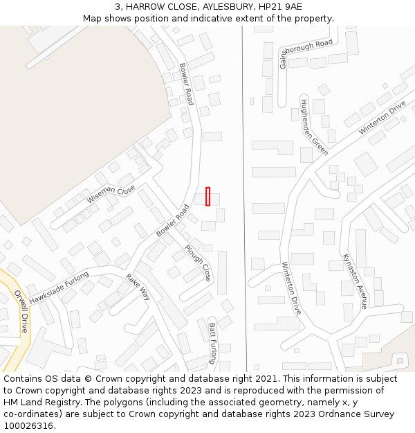 3, HARROW CLOSE, AYLESBURY, HP21 9AE: Location map and indicative extent of plot