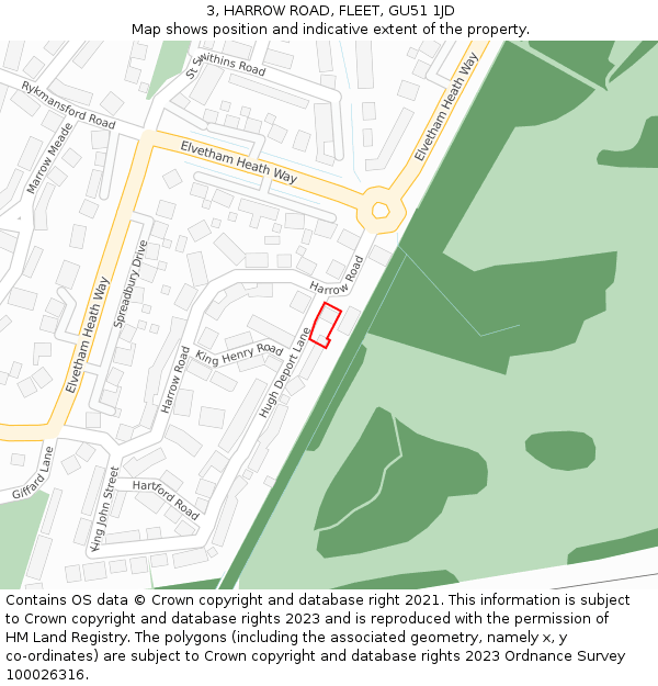 3, HARROW ROAD, FLEET, GU51 1JD: Location map and indicative extent of plot