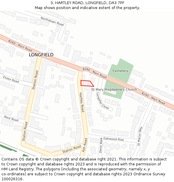 3, HARTLEY ROAD, LONGFIELD, DA3 7PF: Location map and indicative extent of plot