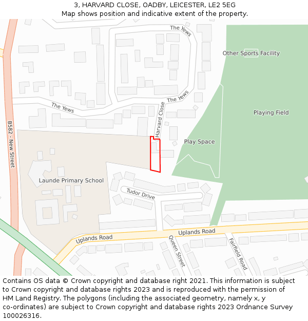 3, HARVARD CLOSE, OADBY, LEICESTER, LE2 5EG: Location map and indicative extent of plot