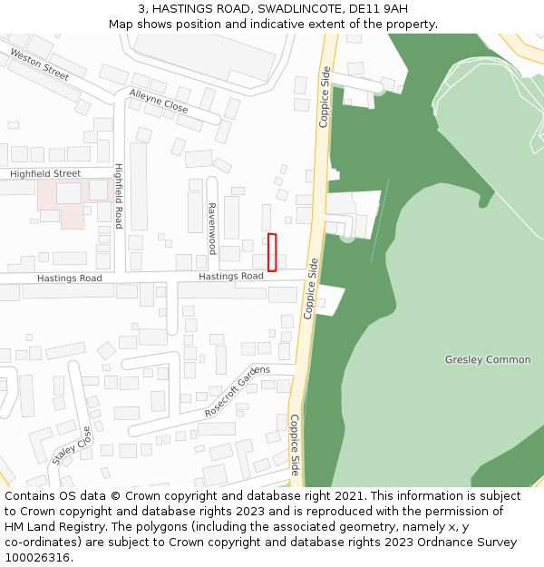 3, HASTINGS ROAD, SWADLINCOTE, DE11 9AH: Location map and indicative extent of plot