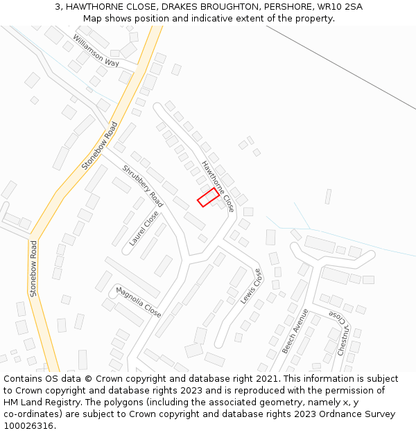 3, HAWTHORNE CLOSE, DRAKES BROUGHTON, PERSHORE, WR10 2SA: Location map and indicative extent of plot