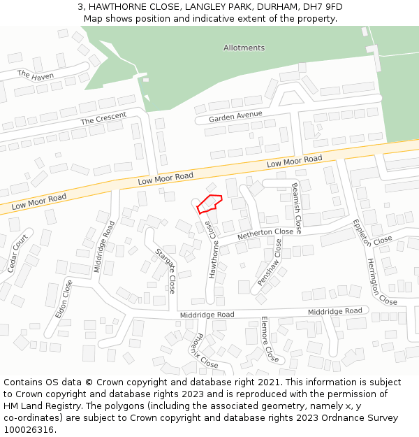3, HAWTHORNE CLOSE, LANGLEY PARK, DURHAM, DH7 9FD: Location map and indicative extent of plot