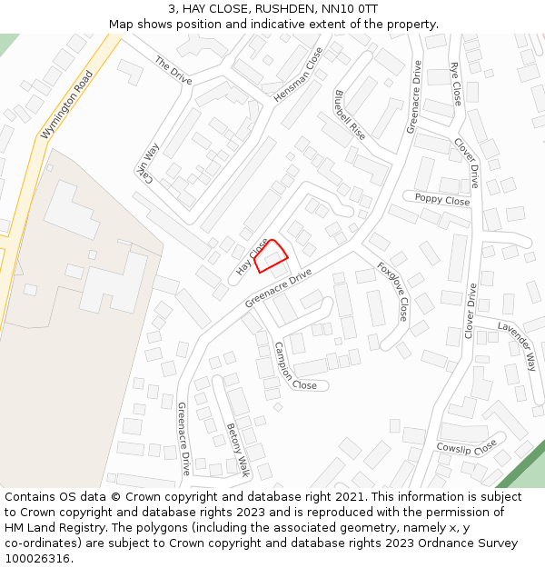 3, HAY CLOSE, RUSHDEN, NN10 0TT: Location map and indicative extent of plot