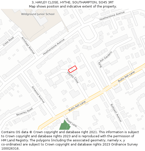 3, HAYLEY CLOSE, HYTHE, SOUTHAMPTON, SO45 3RT: Location map and indicative extent of plot