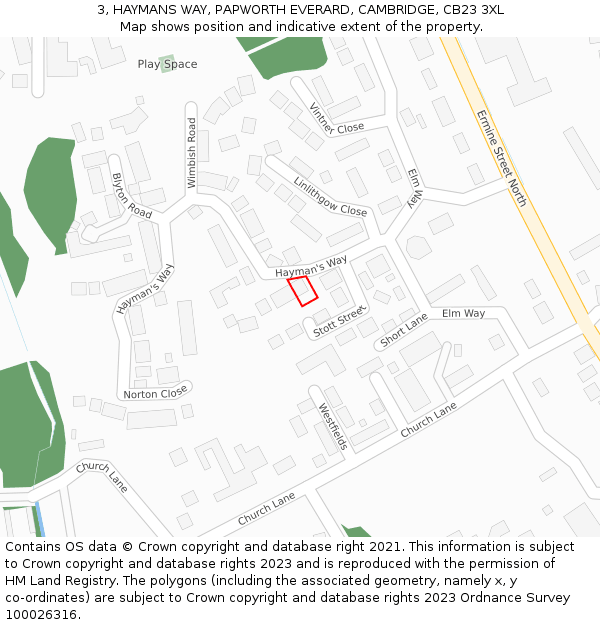3, HAYMANS WAY, PAPWORTH EVERARD, CAMBRIDGE, CB23 3XL: Location map and indicative extent of plot