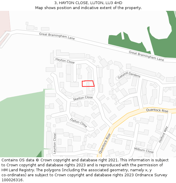 3, HAYTON CLOSE, LUTON, LU3 4HD: Location map and indicative extent of plot