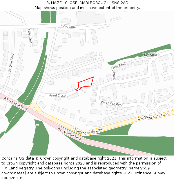 3, HAZEL CLOSE, MARLBOROUGH, SN8 2AD: Location map and indicative extent of plot