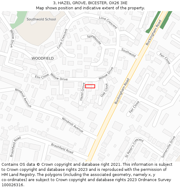 3, HAZEL GROVE, BICESTER, OX26 3XE: Location map and indicative extent of plot