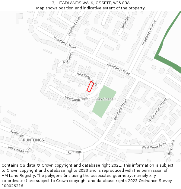 3, HEADLANDS WALK, OSSETT, WF5 8RA: Location map and indicative extent of plot