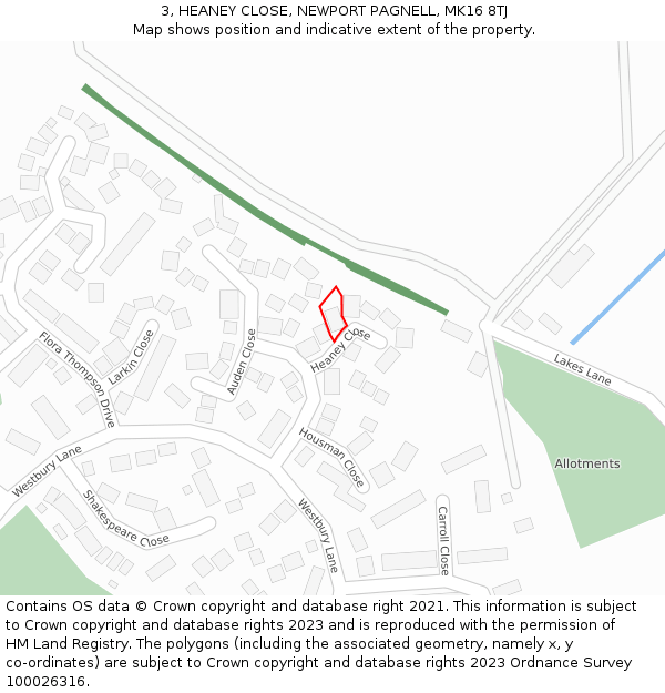 3, HEANEY CLOSE, NEWPORT PAGNELL, MK16 8TJ: Location map and indicative extent of plot