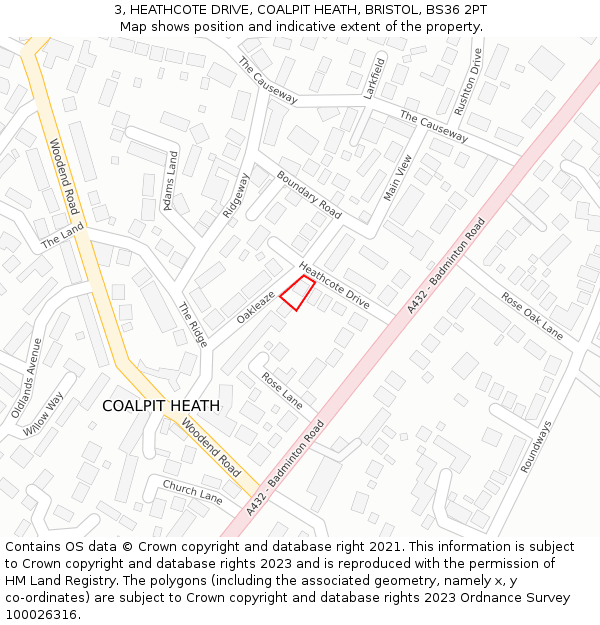 3, HEATHCOTE DRIVE, COALPIT HEATH, BRISTOL, BS36 2PT: Location map and indicative extent of plot