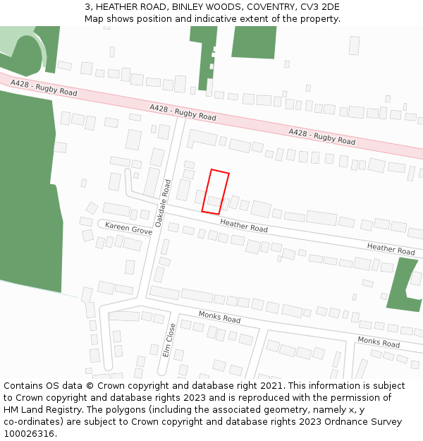 3, HEATHER ROAD, BINLEY WOODS, COVENTRY, CV3 2DE: Location map and indicative extent of plot