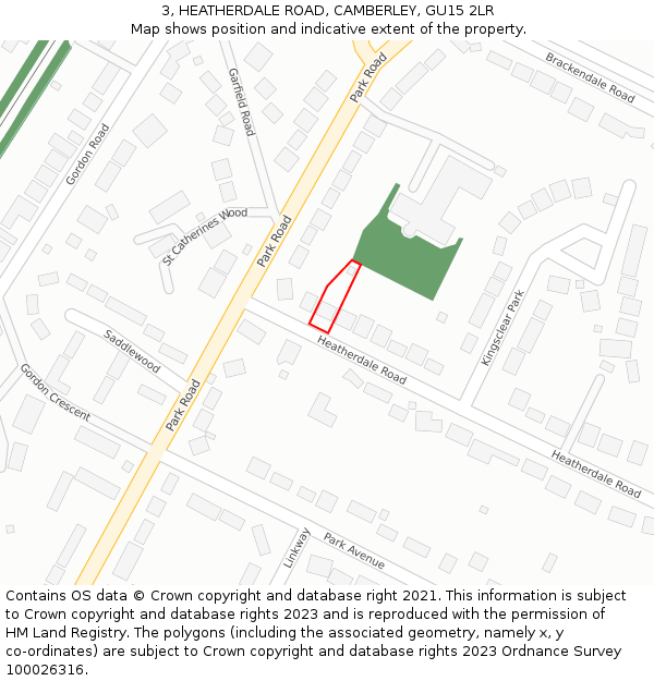 3, HEATHERDALE ROAD, CAMBERLEY, GU15 2LR: Location map and indicative extent of plot