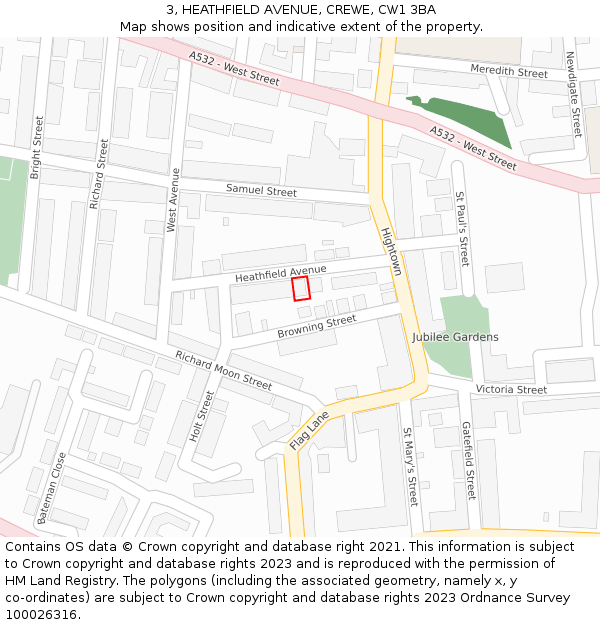 3, HEATHFIELD AVENUE, CREWE, CW1 3BA: Location map and indicative extent of plot