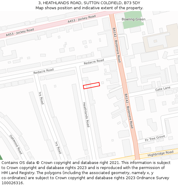3, HEATHLANDS ROAD, SUTTON COLDFIELD, B73 5DY: Location map and indicative extent of plot