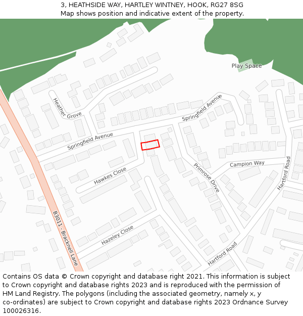 3, HEATHSIDE WAY, HARTLEY WINTNEY, HOOK, RG27 8SG: Location map and indicative extent of plot