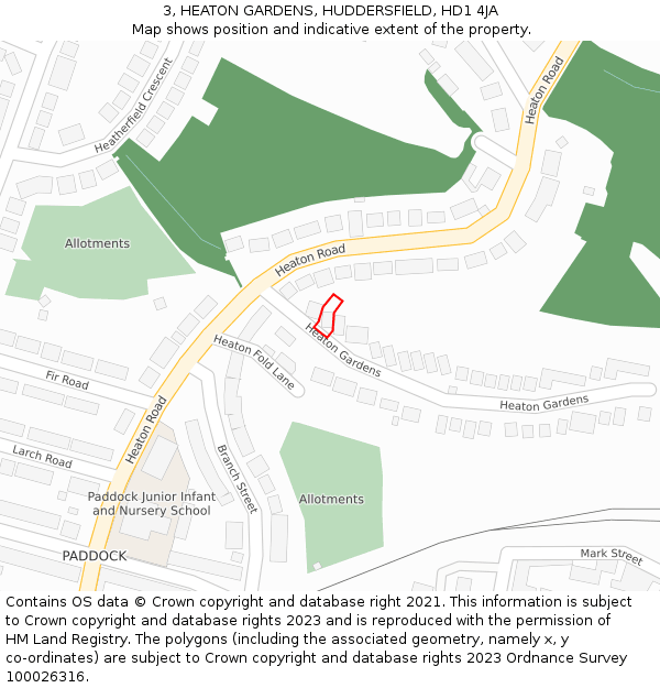 3, HEATON GARDENS, HUDDERSFIELD, HD1 4JA: Location map and indicative extent of plot