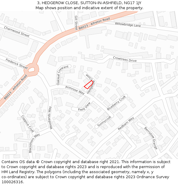 3, HEDGEROW CLOSE, SUTTON-IN-ASHFIELD, NG17 1JY: Location map and indicative extent of plot