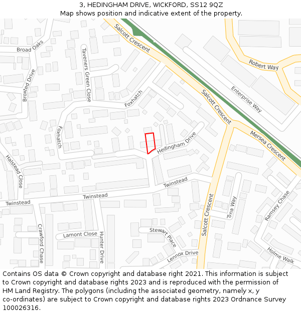 3, HEDINGHAM DRIVE, WICKFORD, SS12 9QZ: Location map and indicative extent of plot