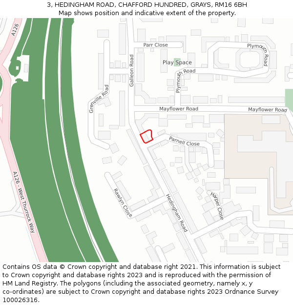 3, HEDINGHAM ROAD, CHAFFORD HUNDRED, GRAYS, RM16 6BH: Location map and indicative extent of plot