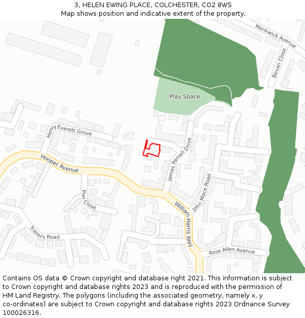 3, HELEN EWING PLACE, COLCHESTER, CO2 8WS: Location map and indicative extent of plot