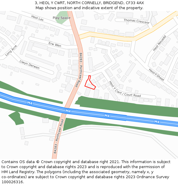 3, HEOL Y CWRT, NORTH CORNELLY, BRIDGEND, CF33 4AX: Location map and indicative extent of plot